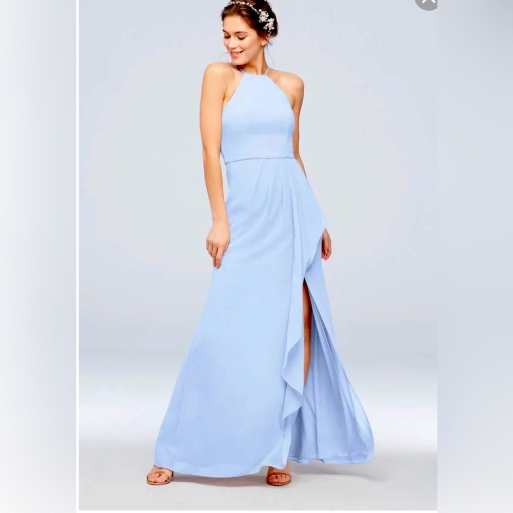 David’s Bridal size 12 high neck chiffon ice blue bridesmaid dress
